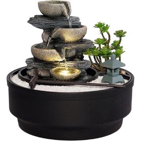 Indoor Tabletop Water Fountain with LED Lights & Pagoda, 4-Tier Rock Cascading Design, Artificial Flowers, White Stones and Rake, Zen Decor for Office/Living Room/Bedroom/Study (8.5" H)