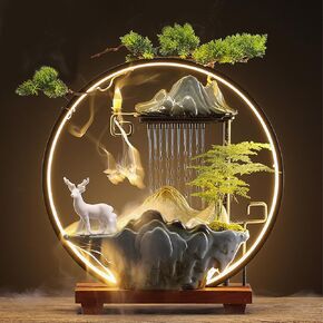 نوافير ماء منضدة نافورة شلال داخلي مع ضباب LED LED Feng Shui Wealth Desk Fountain مع Decord Backflow Pisense Decor Zen للتأمل (الغزلان)