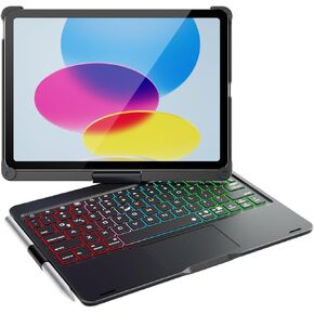 حافظة iPad 10th مع لوحة مفاتيح، متوافقة مع iPad 10th 10.9 بوصة، عمودي/أفقي، حافظة لوحة مفاتيح iPad قابلة للفصل مع إضاءة خلفية 7 ألوان ولوحة لمس (رمادي داكن)