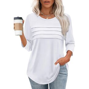 XIEERDUO Women's 3/4 Length Sleeve Tops Dressy Casual Blouses Crewneck T-Shirts Loose Curved Hem Tunic S-3XL