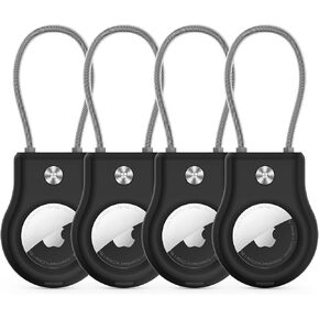 حامل سلسلة مفاتيح AirTag - (4 عبوات) حافظة قفل Airtag مع كابل سلكي متوافق مع Apple AirTags، حافظة واقية متينة للغاية ضد الضياع مع حلقة مفاتيح للأمتعة، المفاتيح، حقيبة الظهر، الحيوانات الأليفة، الحقيبة، أسود