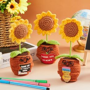 Henoyso 3 Pcs Teachers Appreciation Gifts Bulk, Positive Bee with Cards Thank You Teacher, Handmade Crochet Knitting, Wool, Math Dance English Science Mentor Gift from Student for Graduation Presents