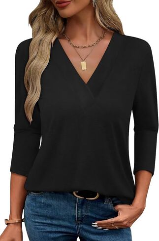 Bliwov Womens Spring Summer Tops V Neck 3/4 Sleeve Outfits Loose Fit Soft Blouses Business Casual Basic Plus Size T Shirts in Kuwait