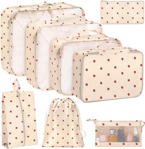 KPX 8 Set Packing Cubes for Travel, Luggage Packing Organizers Accessories Large Toiletries Bag for Clothes Shoes Cosmetics (Strawberry) in Kuwait