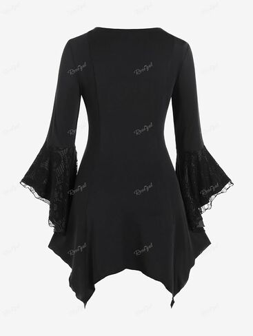 Rosegal Womens بالإضافة إلى حجم القوطية جرس جرس الأكمام من منديل الدانتيل tee in Kuwait