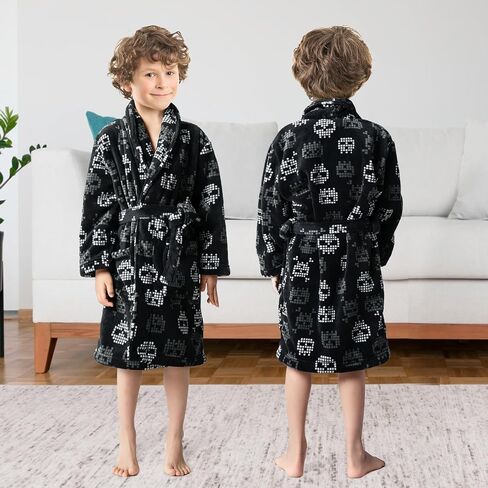 Skull Print Boys Coral Fleece Bathrobe with Collar, Super Soft and Warm Pajama for Kid 7-16 Years in Saudi Arabia