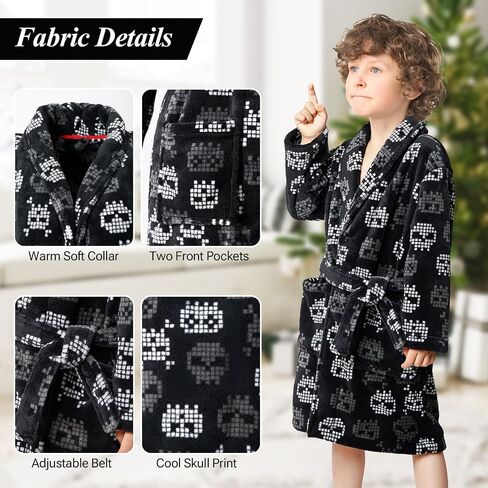 Skull Print Boys Coral Fleece Bathrobe with Collar, Super Soft and Warm Pajama for Kid 7-16 Years in Saudi Arabia