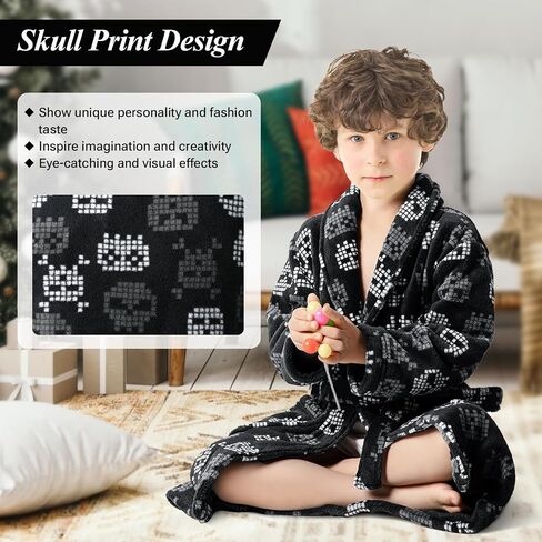 Skull Print Boys Coral Fleece Bathrobe with Collar, Super Soft and Warm Pajama for Kid 7-16 Years in Saudi Arabia