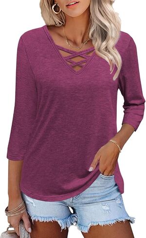 Heymiss Womens Tops 3/4 Sleeve V Deck Dertts فضفاضة بلوزات سترة غير رسمية تقاطع صيف الصيف in Kuwait