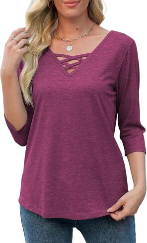Heymiss Womens Tops 3/4 Sleeve V Deck Dertts فضفاضة بلوزات سترة غير رسمية تقاطع صيف الصيف in Kuwait