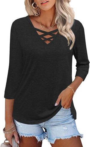 Heymiss Womens Tops 3/4 Sleeve V Neck Shirts Loose Casual Tunic Blouses Criss Cross Summer Tshirts in Kuwait