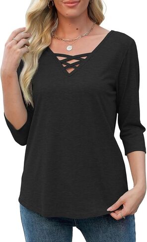 Heymiss Womens Tops 3/4 Sleeve V Neck Shirts Loose Casual Tunic Blouses Criss Cross Summer Tshirts in Kuwait