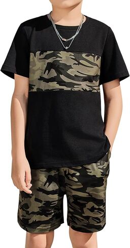 Arshiner Boys' 2-Piece Cotton Outfit Color Block T-Shirt and Shorts Set Casual Summer Clothes for Kids 6-14 Years in Saudi Arabia