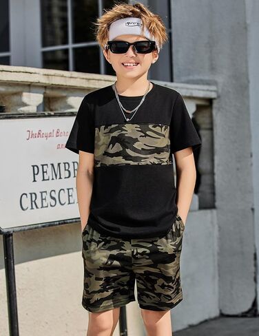 Arshiner Boys' 2-Piece Cotton Outfit Color Block T-Shirt and Shorts Set Casual Summer Clothes for Kids 6-14 Years in Saudi Arabia