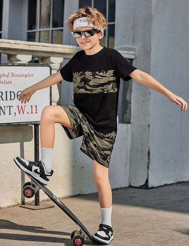 Arshiner Boys' 2-Piece Cotton Outfit Color Block T-Shirt and Shorts Set Casual Summer Clothes for Kids 6-14 Years in Saudi Arabia