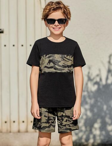 Arshiner Boys' 2-Piece Cotton Outfit Color Block T-Shirt and Shorts Set Casual Summer Clothes for Kids 6-14 Years in Saudi Arabia