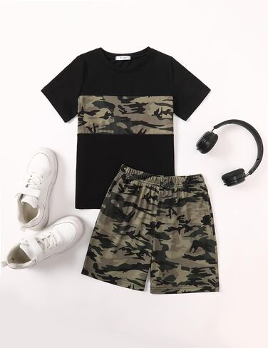 Arshiner Boys' 2-Piece Cotton Outfit Color Block T-Shirt and Shorts Set Casual Summer Clothes for Kids 6-14 Years in Saudi Arabia