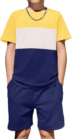 Arshiner Boys' 2-Piece Cotton Outfit Color Block T-Shirt and Shorts Set Casual Summer Clothes for Kids 6-14 Years in Saudi Arabia