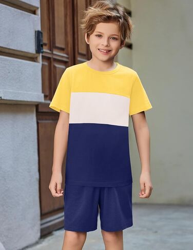 Arshiner Boys' 2-Piece Cotton Outfit Color Block T-Shirt and Shorts Set Casual Summer Clothes for Kids 6-14 Years in Saudi Arabia