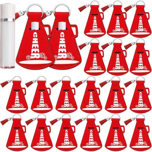 20 Pcs Cheerleading Gifts Bulk Natural Lip Balm Holder with Tassel Hangable Keychain Charms Set Cheer Team Gifts for Cheer Teen Sports Party Supplies(Red) in Kuwait