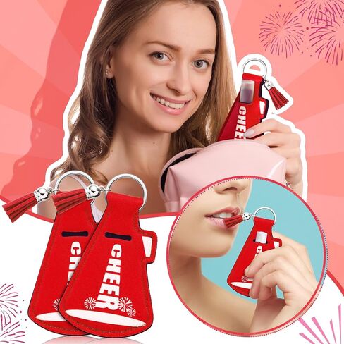 20 Pcs Cheerleading Gifts Bulk Natural Lip Balm Holder with Tassel Hangable Keychain Charms Set Cheer Team Gifts for Cheer Teen Sports Party Supplies(Red) in Kuwait