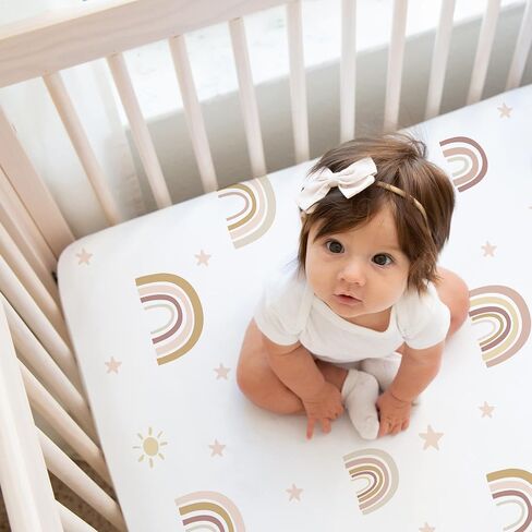 Sweet Jojo Designs Pastel Rainbow Striped Girl Baby Fitted Crib Sheet Infant Newborn Nursery Toddler Bed Room Standard Mattress Purple Pink Orange Yellow Sage Green Turquoise Blue Watercolor Abstract in Saudi Arabia