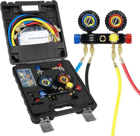 AC Gauges, AC Manifold Gauge Set for R134a R12 R502 Refrigerant, 3 Way Car with 5FT Hoses Couplers & Adapter, Self Sealing Can Tap Freon Charge Kit in Saudi Arabia