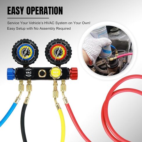 AC Gauges, AC Manifold Gauge Set for R134a R12 R502 Refrigerant, 3 Way Car with 5FT Hoses Couplers & Adapter, Self Sealing Can Tap Freon Charge Kit in Saudi Arabia