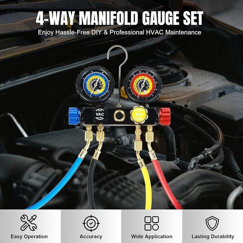 AC Gauges, AC Manifold Gauge Set for R134a R12 R502 Refrigerant, 3 Way Car with 5FT Hoses Couplers & Adapter, Self Sealing Can Tap Freon Charge Kit in Saudi Arabia