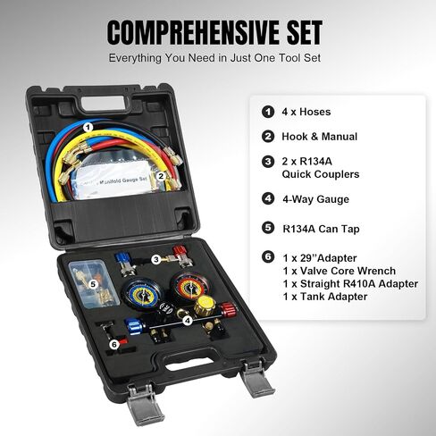 AC Gauges, AC Manifold Gauge Set for R134a R12 R502 Refrigerant, 3 Way Car with 5FT Hoses Couplers & Adapter, Self Sealing Can Tap Freon Charge Kit in Saudi Arabia