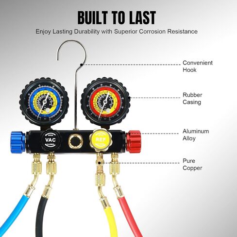 AC Gauges, AC Manifold Gauge Set for R134a R12 R502 Refrigerant, 3 Way Car with 5FT Hoses Couplers & Adapter, Self Sealing Can Tap Freon Charge Kit in Saudi Arabia