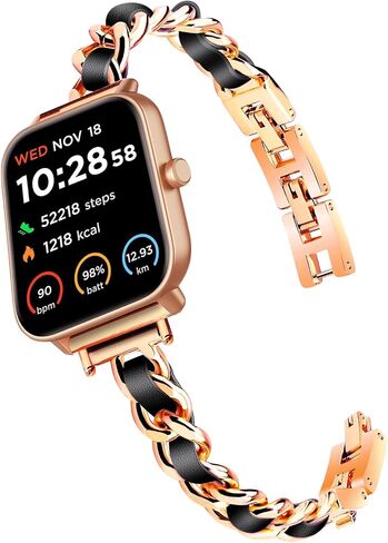 LYSANDRA Slim Gold Bands Women Feminine Elegant Compatible with IDW13,IDW16,IDW19,IDW17 Smartwatch Band, Adjustable Metal Chain Bracelet Strap with Leather for Fitpolo/Woneligo W3 Smartwatch in Saudi Arabia