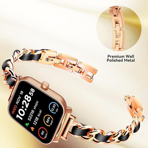 LYSANDRA Slim Gold Bands Women Feminine Elegant Compatible with IDW13,IDW16,IDW19,IDW17 Smartwatch Band, Adjustable Metal Chain Bracelet Strap with Leather for Fitpolo/Woneligo W3 Smartwatch in Saudi Arabia