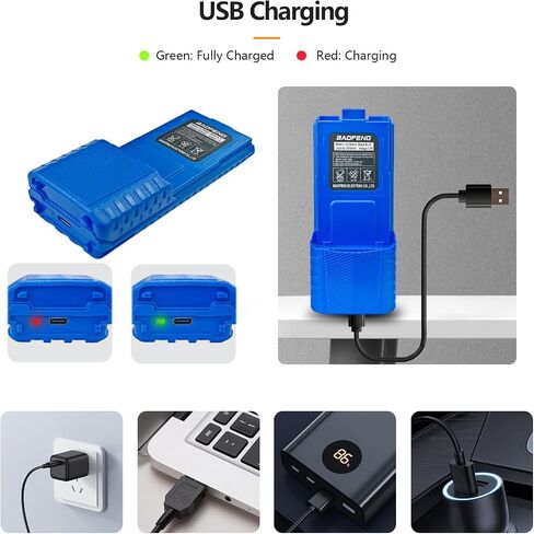 BAOFENG UV-5R Radio Battery Extended 3800mAh USB-C Charging Red Replacement for BF-F8HP New Version for BF-F8 Rechargeable Bl-5 Two Way Radio Battery with Type-c Charging Cable in Kuwait