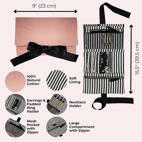 Travel Jewelry Roll | Flat Roll Up Jewelry Organizer Case | Compact Traveling Necklace Organizer | Traveling Pouch for Jewellery | Black in Saudi Arabia