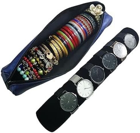 Bracelet Bangle Watch Roll Travel Pouch Jewelry Organizer, Portable Zipper Pouch with Removable Roll Insert for Standard Size 12.5" W x 2.8" Diameter (PU Bag+Velvet Rack) in Saudi Arabia