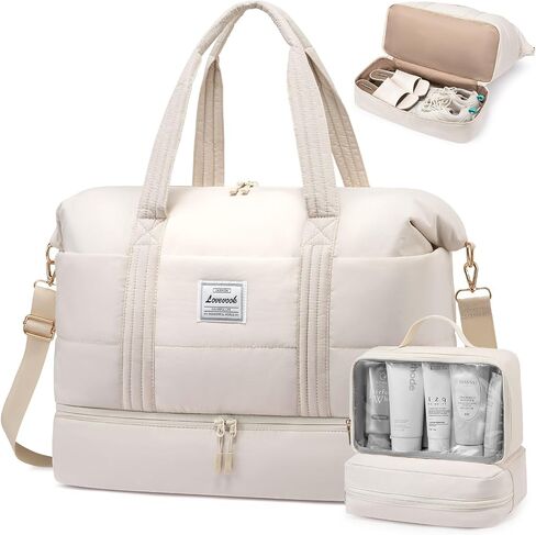 LOVEVOOK Travel Duffle Bag for Women, 3Pcs Puffer Large Weekender Overnight Bag with Shoe Compartment, Water Resistant Gym Duffel Bag, Carry on Bag for Hospital Delivery with Toiletry Organizer in Saudi Arabia