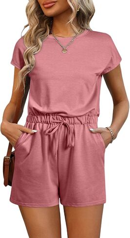 AlvaQ Womens Summer Casual Short Sleeve Rompers Solid Crewneck Drawstring One Piece Shorts Romper with Pockets in Saudi Arabia