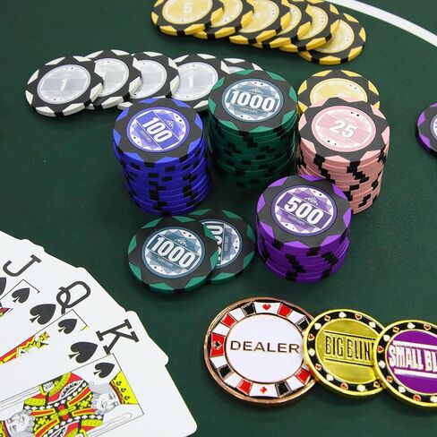 مجموعة بوكر مكونة من 500 قطعة مع 14 جرامًا من رقائق الطين المرقمة، ومجموعات شرائح كازينو تكساس هولدم مع طبقتين من أوراق اللعب البلاستيكية، لألعاب المقامرة في لعبة البلاك جاك in Kuwait