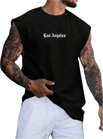 Oyoangle Men's Letter Praphic Print Tank Top Crew Neck Clisteress Tops Summer Tops Streetwear in Kuwait