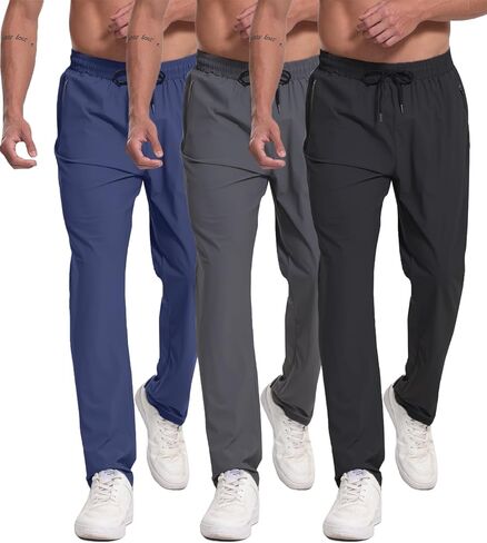 RPOVIG 3 Pack Men's Athletic Sweatpants with Zipper Pockets Workout Gym Running Hiking Active Cooling Stretch Joggers Pants in Kuwait