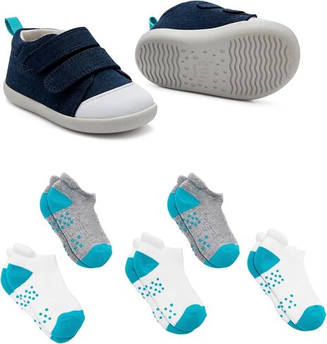Ten Little First Walker Kids’ Shoes & Ankle Socks Bundle for Baby & Toddler Boys & Girls, Navy Blue Shoe Size 4.5, Ankle Socks with Non-Skid Grips 5 Pk in Kuwait
