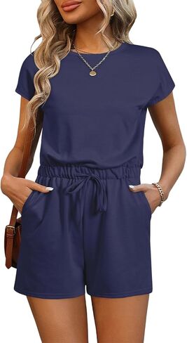 AlvaQ Womens Summer Casual Short Sleeve Rompers Solid Crewneck Drawstring One Piece Shorts Romper with Pockets in Saudi Arabia