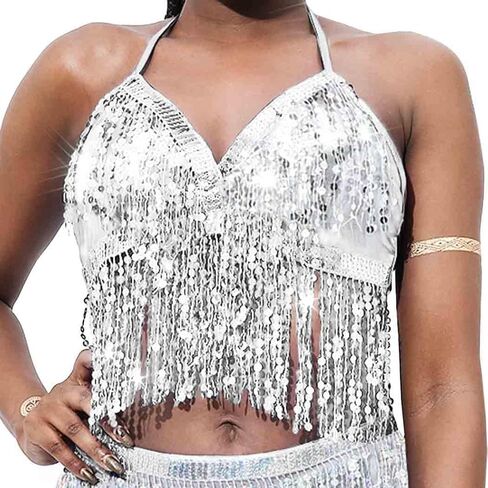 DRESBE Sparkly Sequin Fringe Bra Top Tassel Belly Dance Top Party Halter Costume for Women in Saudi Arabia