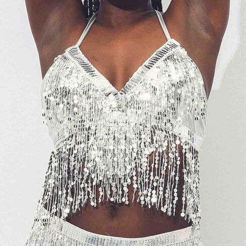 DRESBE Sparkly Sequin Fringe Bra Top Tassel Belly Dance Top Party Halter Costume for Women in Saudi Arabia
