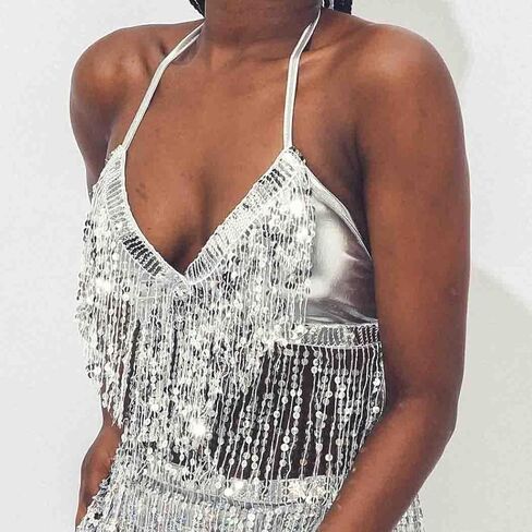 DRESBE Sparkly Sequin Fringe Bra Top Tassel Belly Dance Top Party Halter Costume for Women in Saudi Arabia