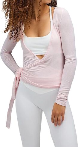 Women Y2K Long Sleeve Cross Wrap Tops Deep V Neck Slim Fit Workout Yoga Ballet Wrap Shirts Coquette Aesthetic Tie Tops in Saudi Arabia