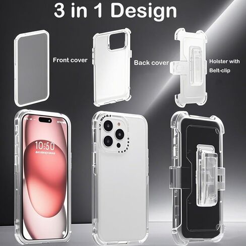 CCSamll for iPhone 15 Pro Max Case Crystal Clear with Belt Clip Holster, [Not Yellowing] [Military Drop Protection] Shockproof with 360°Rotating Kickstand for iPhone 15 Pro Max BLF Transparent in Kuwait