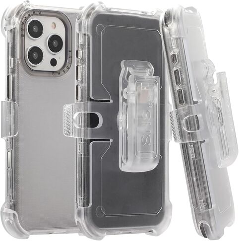 CCSamll for iPhone 15 Pro Max Case Crystal Clear with Belt Clip Holster, [Not Yellowing] [Military Drop Protection] Shockproof with 360°Rotating Kickstand for iPhone 15 Pro Max BLF Transparent in Kuwait