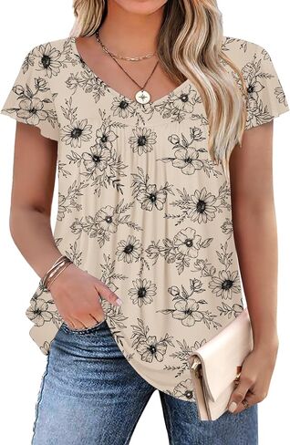 in'Voland plus size womens الكشكش الأكمام قمم Tunic Tops v العنق القمصان الصيفية طباعة الأزهار قمم بلوزة أنيقة in Kuwait